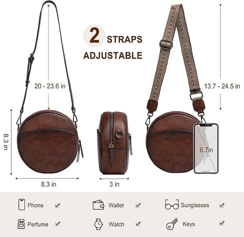 COOLCY Leather Crossbody Bags for Women, Circle Purse Shoulder Bag, Fashion Round Handbag for Travel, 2 Adjustable Strap in Saudi Arabia