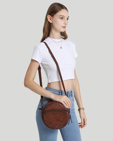 COOLCY Leather Crossbody Bags for Women, Circle Purse Shoulder Bag, Fashion Round Handbag for Travel, 2 Adjustable Strap in Saudi Arabia