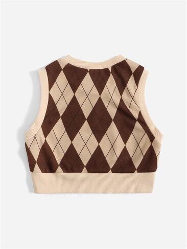 SweatyRocks الفتاة Argyle منقوشة سترة سترة بلا أكمام طاقم الرقبة محبوك المحاصيل تانك الأعلى in Kuwait