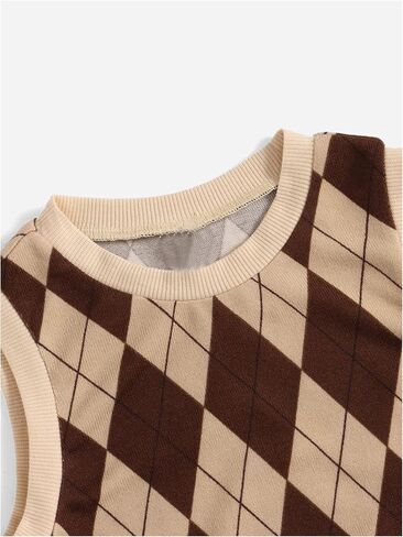 SweatyRocks الفتاة Argyle منقوشة سترة سترة بلا أكمام طاقم الرقبة محبوك المحاصيل تانك الأعلى in Kuwait