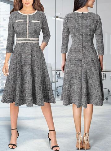 VFSHOW Womens Button Pockets Slim Wear to Work Office Business Party Patchwork A-Line Dress in Saudi Arabia