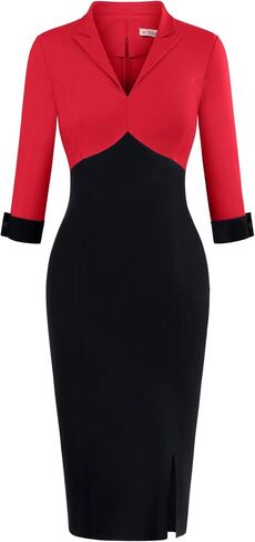 MUXXN Women's Vintage 3/4 Sleeve V Neck Midi Colorblock Business Formal Work Bodycon Pencil Dresses in Saudi Arabia