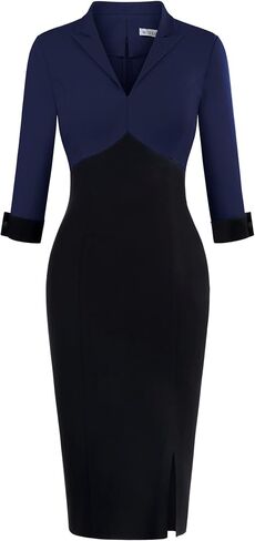 MUXXN Women's Vintage 3/4 Sleeve V Neck Midi Colorblock Business Formal Work Bodycon Pencil Dresses in Saudi Arabia