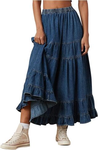 Women's Swing Chambray Maxi Skirt Elastic Waist Pleated Tiered Flowy Long Skirts Retro Denim Skirt in Kuwait