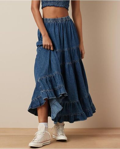 Women's Swing Chambray Maxi Skirt Elastic Waist Pleated Tiered Flowy Long Skirts Retro Denim Skirt in Kuwait