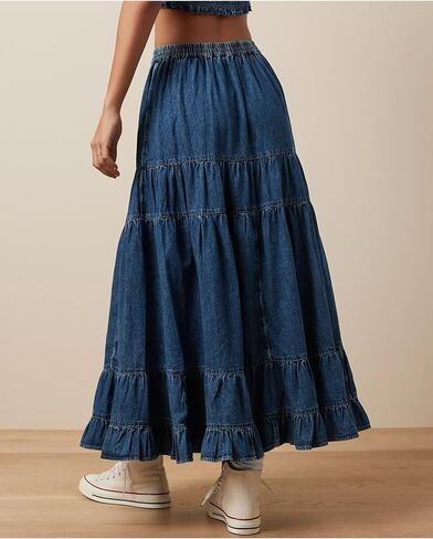 Women's Swing Chambray Maxi Skirt Elastic Waist Pleated Tiered Flowy Long Skirts Retro Denim Skirt in Kuwait