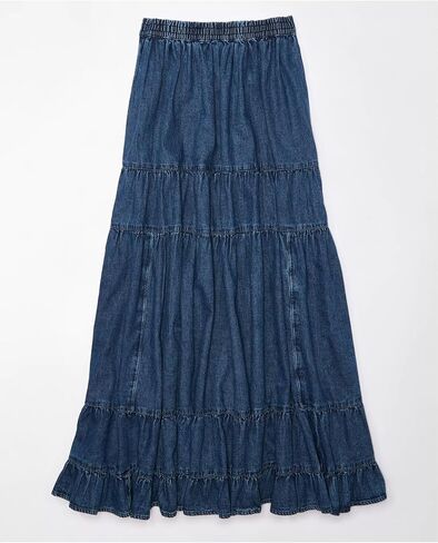Women's Swing Chambray Maxi Skirt Elastic Waist Pleated Tiered Flowy Long Skirts Retro Denim Skirt in Kuwait