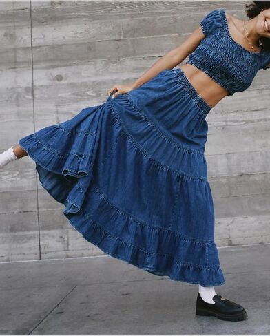 Women's Swing Chambray Maxi Skirt Elastic Waist Pleated Tiered Flowy Long Skirts Retro Denim Skirt in Kuwait