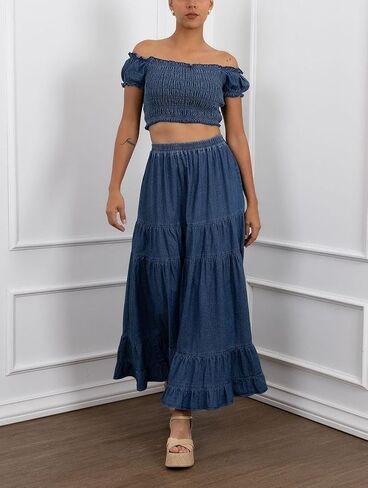 Women's Swing Chambray Maxi Skirt Elastic Waist Pleated Tiered Flowy Long Skirts Retro Denim Skirt in Kuwait