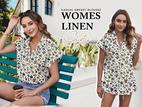 HOTOUCH Womens Linen Button Down Shirt Casual V Neck Cap Sleeve Blouses Summer Cotton Collared Tops S-3XL in Kuwait