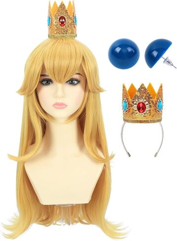 morvally Blonde Princess Synthetic Hair Cosplay Wig with Crown and Earrings Long Wavy Costume Wig Set for Girls Halloween Party in Kuwait