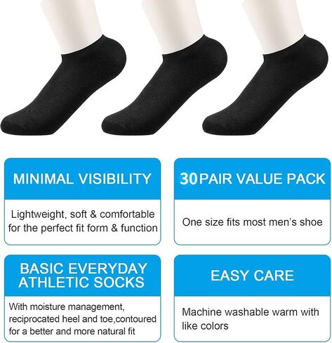 30 Pairs Men Ankle, Low Breathable Casual, Sports, Thin Athletic Short Sock Bulk (black), 18 in Kuwait