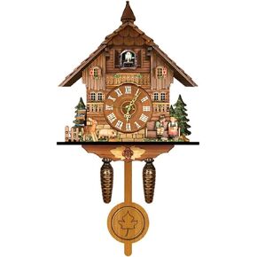 Surakey Elegant, Traditional, Decorative, Wooden Painted Modern Wall Clock Cuckoo Clock Bird NowTime Hanging Clock Display Handmade Decoration Swinging Pendulum for New Room Office, Type 1