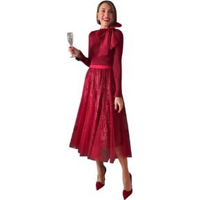 CHICWISH Sequins Tulle Skirts Elastic Waist Mesh Midi Holiday Flowy Layered Red Skirt
