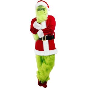 QwayHome Christmas Green Big Monster Costume for Adult, 7Pcs Deluxe Green Santa Cosplay Furry Suit with Mask for Men Women