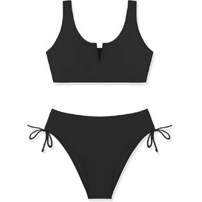 Girls Swimsuit 2 Piece V-Neck Cutout Girls' Swimwear Top High Waisted Bottom Bathing Suits for Teens 7-16 Years