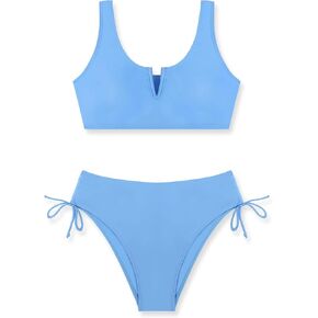 ملابس سباحة للفتيات مكونة من قطعتين بفتحة رقبة على شكل حرف V للفتيات ملابس سباحة علوية عالية الخصر من الأسفل للمراهقين من عمر 7 إلى 16 سنة in Kuwait