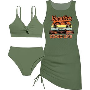 KANGKANG Girls Swimsuit for Teen Girls Bathing Suit 3 Piece Tropical Adjustable Straps Swimwear Bikini with Cover Up 9-16Y
