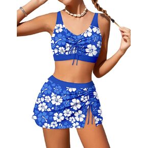 DONWEN Girls Swimsuits Tropical Print Bathing Suit with Cover Up Skirts 3 Piece Girl Swimwear 7-14T