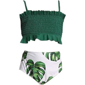 Girl's Crop Flounce Two Piece Haler Swimsuit, Green, 10-12 Years