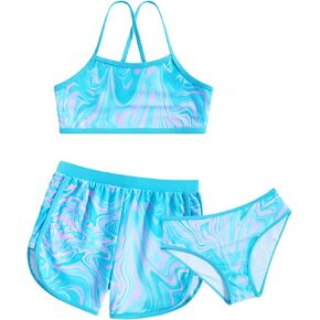Funnycokid Girls Swimsuit 3 Piece Hawaii Bathing Suit Bikini Set with Shorts Sport Swimwear 7-14 Years