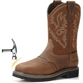 HISEA NINGO Men's Western Cowboy Boots Waterproof Square Toe Steel/Soft Toe Work Boots Men's Safety Toe Leather Work Boots in Saudi Arabia