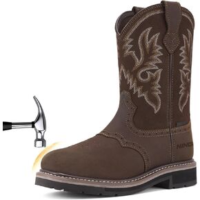 HISEA NINGO Men's Western Cowboy Boots Waterproof Square Toe Steel/Soft Toe Work Boots Men's Safety Toe Leather Work Boots