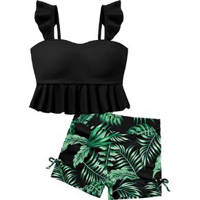 Girls Swimsuit Girl Bathing Suit Two Piece Ruffle Padded Tankini Top Tropical Print Shorts Girls' Swimwear Set 7-16T