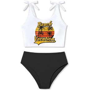 MIGU Girls Tankini Swimsuit Two Piece Coconut Tree Letter Print Bow Shoulder Strap Girls Bathing Suit Swimwear 7-14T