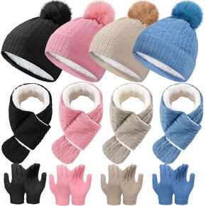 12 Pcs Kids Winter Beanie Hat Gloves Scarf Set for 3-5 Toddler Pom Fleece Scarf Knit Cap Children for Boys Gift Girls