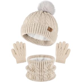 Glooarm Kids Winter Hat Gloves Scarf Set, Girls Toddler Winter Beanie Hat with Pom Knit Neck Warmer Gloves Fleece Lined Set