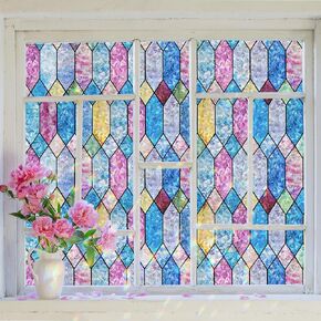 FEOMOS Window Privacy Film, Rainbow Decorative Stained Glass Window Film, Static Cling Lattice Window Glass Covering, Window Tint Sticker for Home Decor & UV Heat Blocking, 17.3 x 78.7 Inches