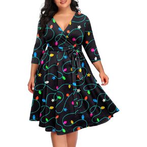 Pinup Fashion Women Plus Size Christmas Dress — Ugly Xmas Print Holiday Funny 2024 Wrap V-Neck Fall Midi Dresses