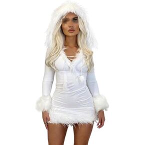 Women Long Sleeve Hooded Sweatshirt Dress Fur Trim Deep V Neck Mini Dress Casual Warm Vintage 90s Dress