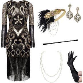 BABEYOND 1920s Flapper Dress Set Long Fringe Gatsby Dress Roaring 20s Sequin Beaded Dress Vintage Art Deco Dress