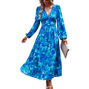 Women's V Neck Long Sleeve Wrap Maxi Dress A Line Empire Waist Fall Wedding Guest Party Casual Chiffon Dress
