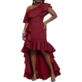 IWFEV Asymmetric One Shoulder Falbala Mermaid Dress Sleeveless Women's Maxi Dress Ruffle Dress