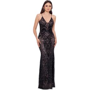 Betsy & Adam Women's Long Deep V Patterned Sequin Dress