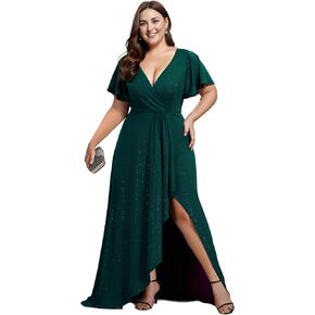 Ever-Pretty Women's Glitter A-line High Low Ruffles Plus Size Wedding Guest Dresses Formal Dresses with Sleeves 01738-PH