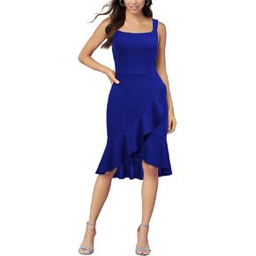FORTRIC Women Square Neck Summer Wedding Guest Formal Party Cocktail Midi Dress