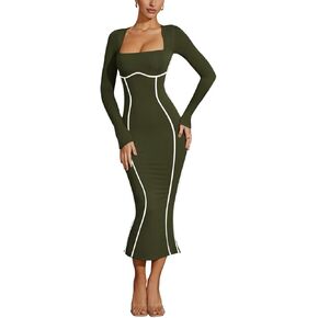 MAYFASEY Women's Square Neck Long Sleeve Dress Contrast Binding Cocktail Party Club Long Dress Back Slit Maxi Dress