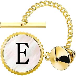 Tie Pins for Men Gold, TAIGRAMA Tie Tacks with Chain Initial Lapel Pin Mother of Pearl Brooch for Suits Necktie Bow Tie Hat