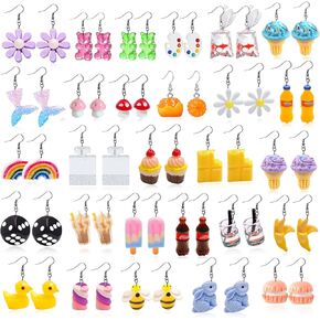 28 Pairs Weird Cute Earrings Funny Kawaii Indie Funky Earrings Including Gummy Bear Water Bottle Food Mushroom Boba Tea Earrings Goldfish Flowers Dangle Earrings for Women