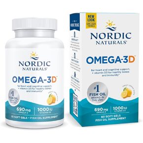 Nordic Naturals Omega-3D, Lemon Flavor - 120 Soft Gels - 690 mg Omega-3 + 1000 IU Vitamin D3 - Fish Oil - EPA & DHA - Immune Support, Brain & Heart Health, Healthy Bones - Non-GMO - 60 Servings