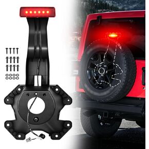 Spare Tire Holder Bracket with 3rd High Mount Brake Light & Wiring Harness, Screws Compatible with Jeep Wrangler JK 2007-2018 Tire Carrier Rack Replace# 55397217AJ, 68048581AA (Red Lens)