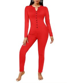 Ekouaer Womens Onesie Adult Button One Piece Pajama Long Sleeve Onesie Pajamas Jumpsuit Sleepwear for Women