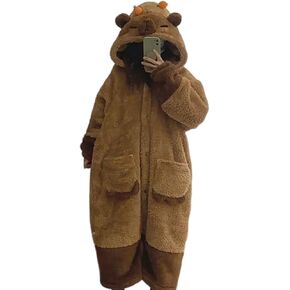 Cute Warm Capybara Hooded Pajama Set, Pocket Sleepwear for Indoor Outdoor Travel and Animal Costume Cosplay Party