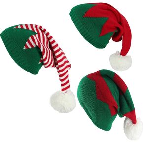 HAPPYLIVE SHOPPING 3 Pcs Christmas Knitted Santa Hat Elf Hats Triangle Striped Xmas Winter Hats Knit Beanies Soft Adult Skull Cap for Women Men Ski Costume Party