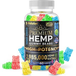 WELLUTION Hemp Gummies Sugar Coated - Fruity Gummy Bear with Hemp Oil. Natural Hemp Candy Supplements - Omega 3, 6 & 9 + Vitamins B & E - 60 ct