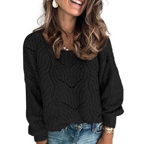 Dokotoo Womens Sweaters 2024 Crewneck Cute Elegant Soft Long Sleeve Hollow Cable Knit Pullover Tops
